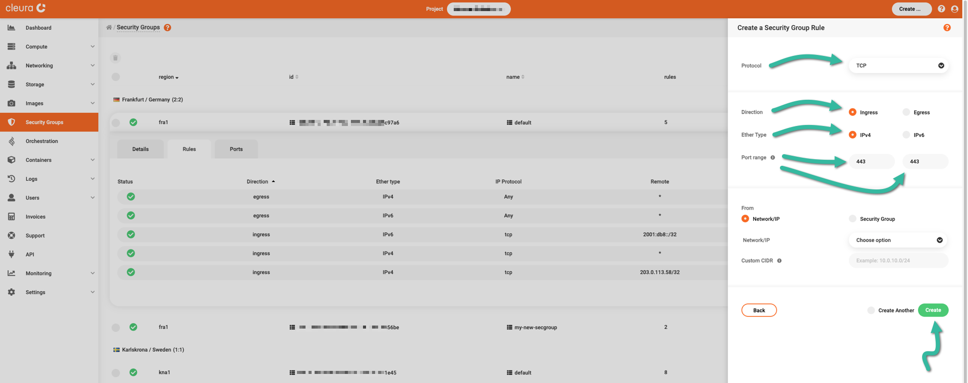 Create new ingress rule for IPv4 connections to 443/TCP