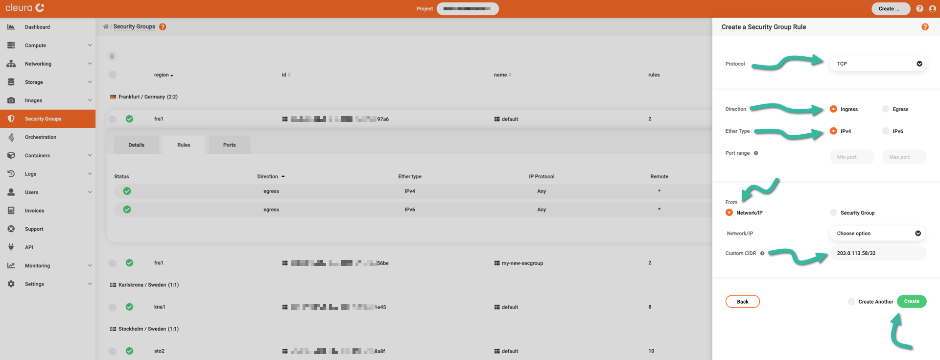 Create ingress rule for IPv4 SSH connections