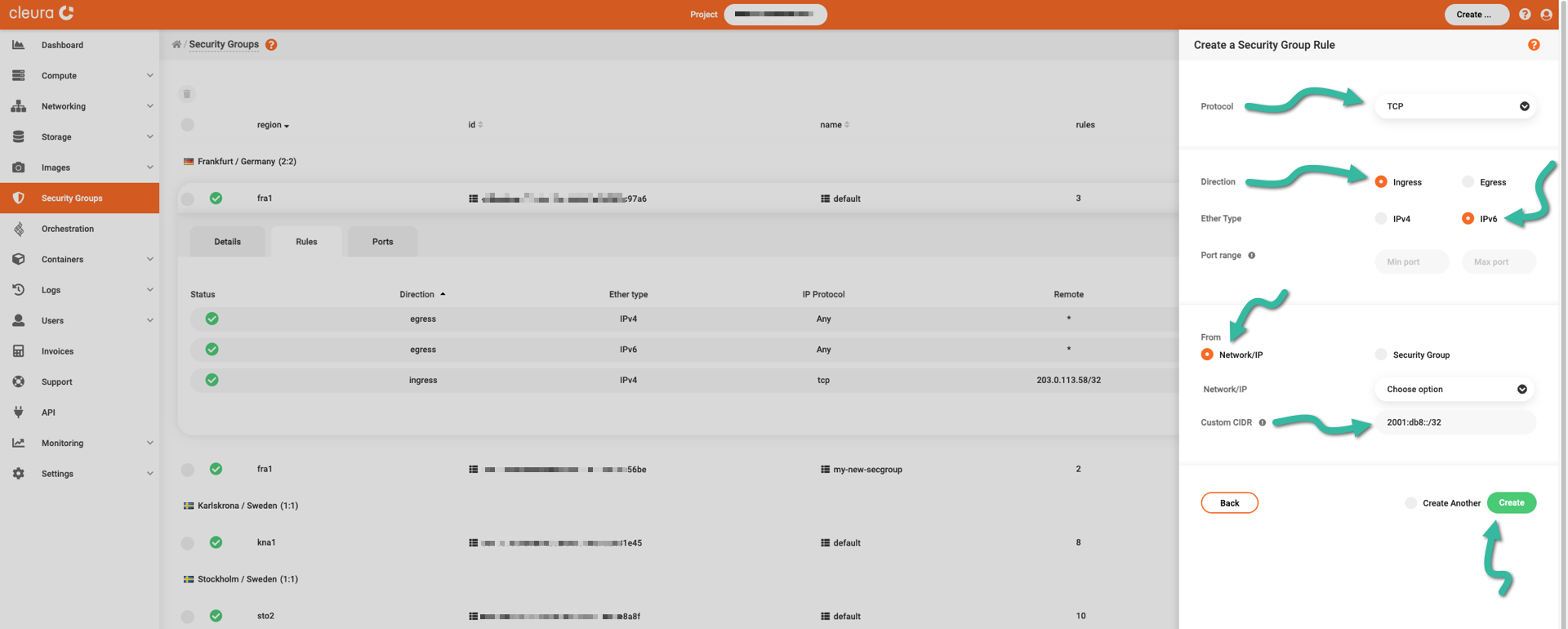Create ingress rule for IPv6 SSH connections