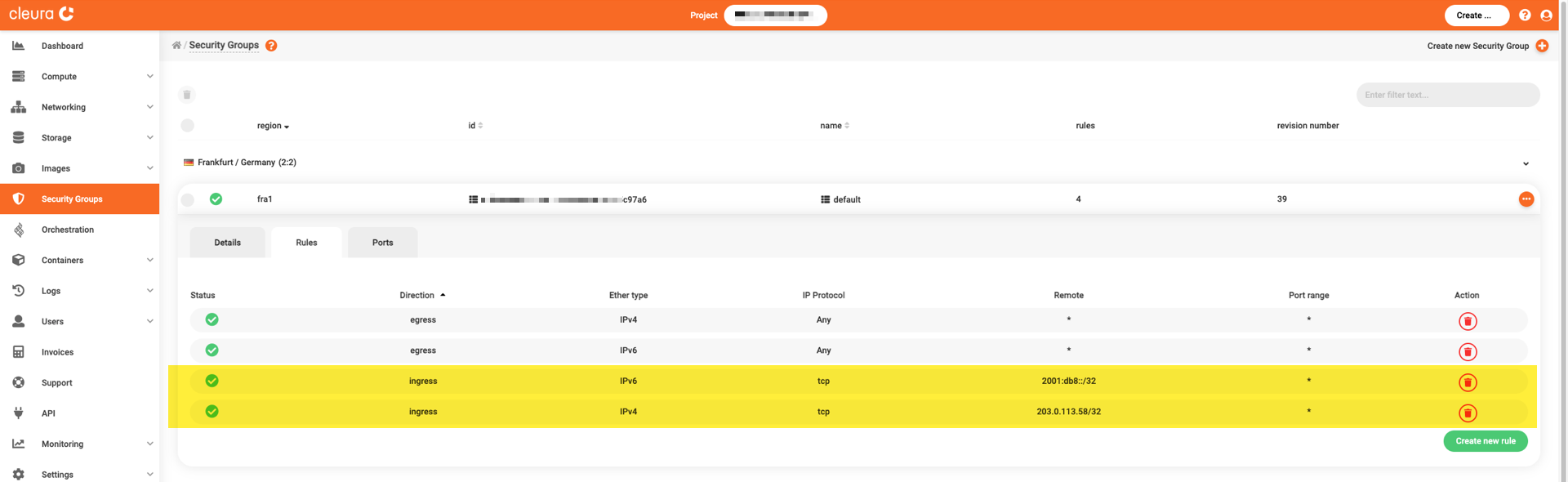 New ingress rules for SSH connections