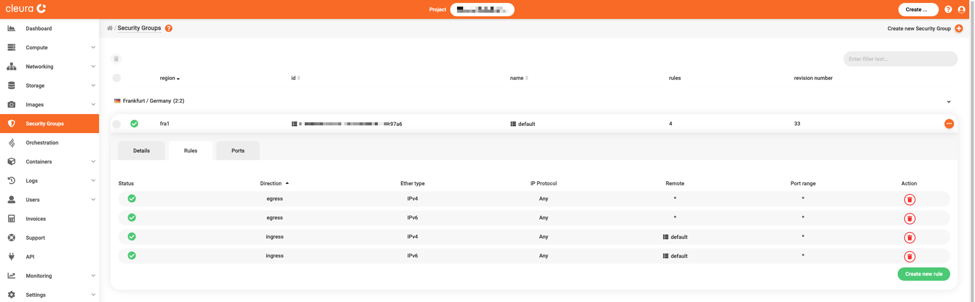 List of rules in the default security group