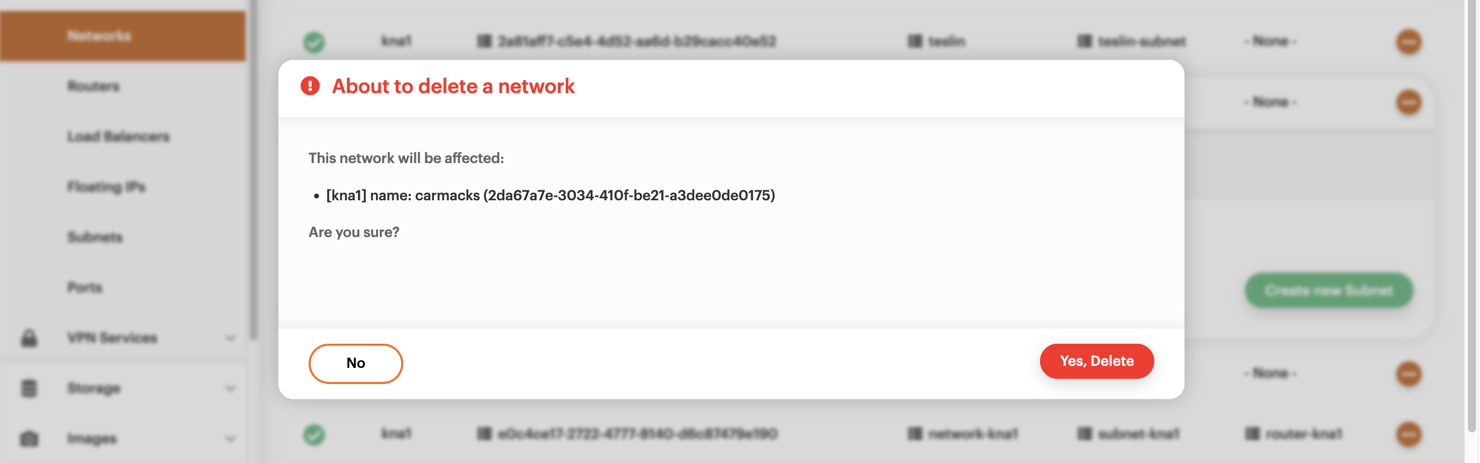 Confirm network delete