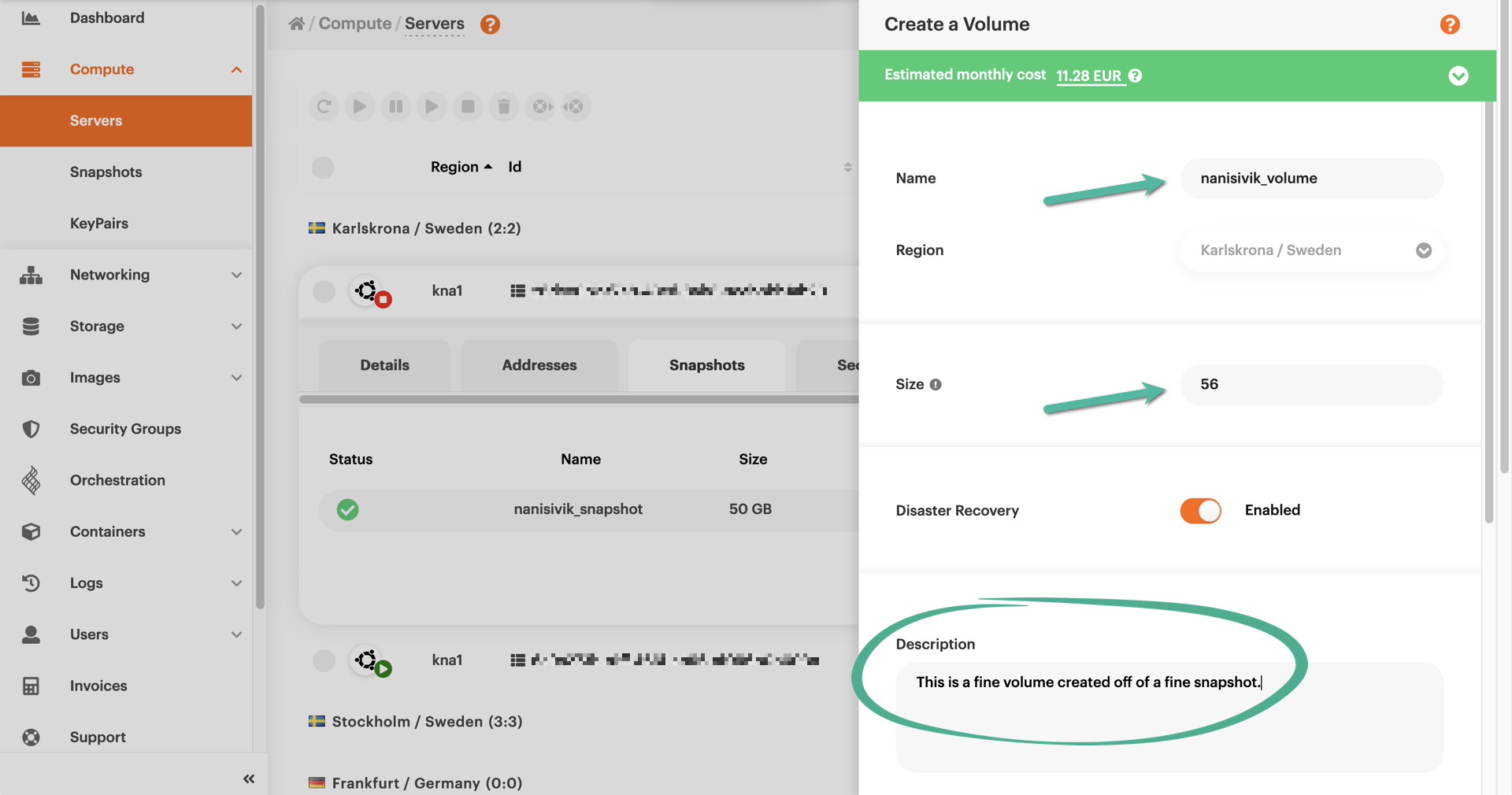 Typing in name, size, and description