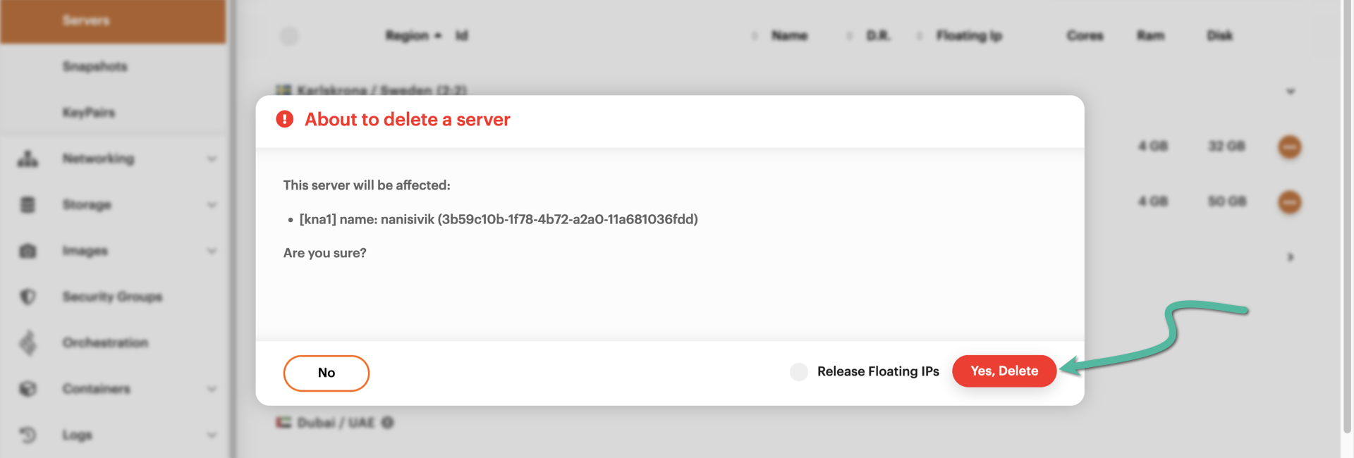 Confirming server deletion