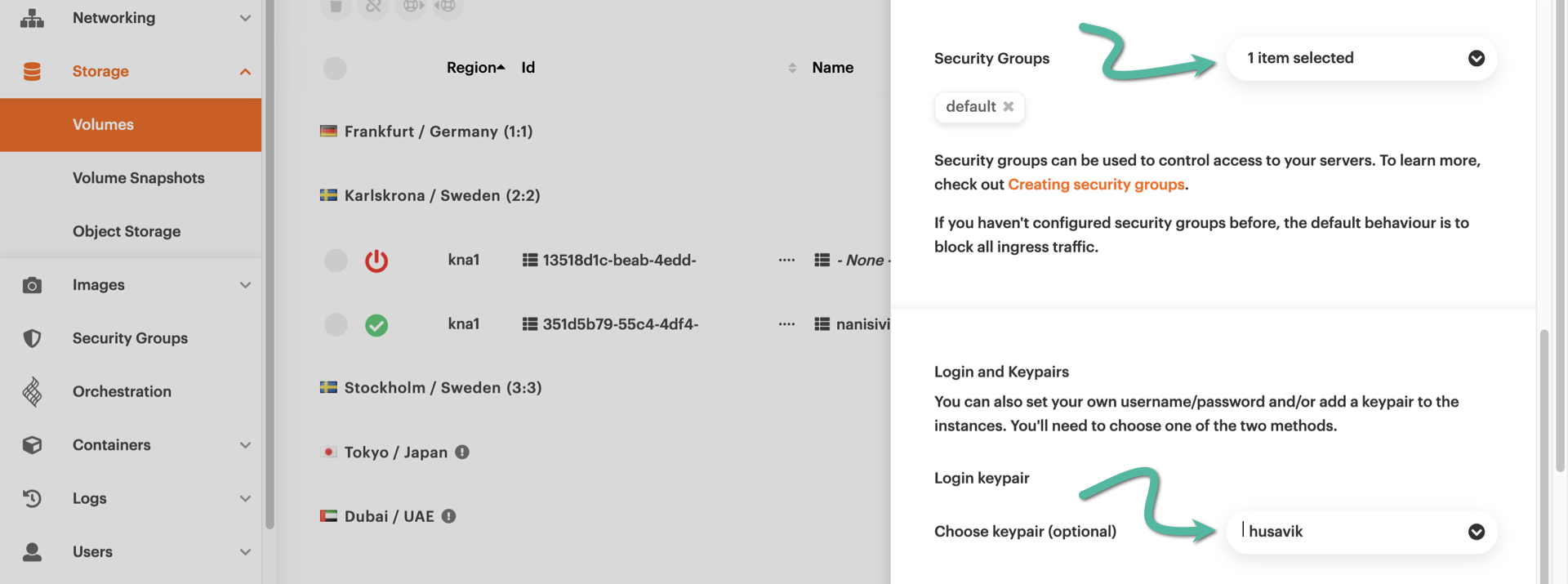 Selecting security group and login keypair