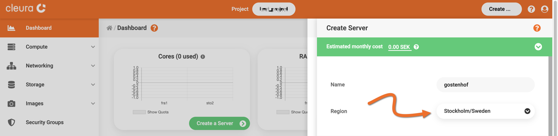 Select a region for the new server