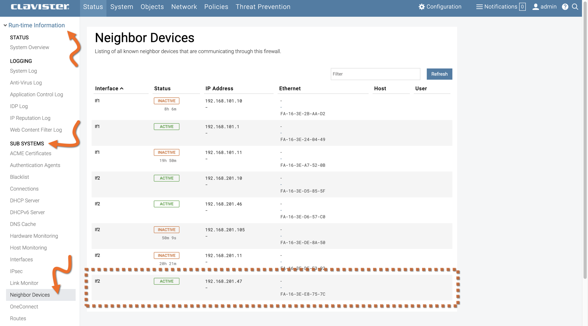 View Clavister NetWall neighbor devices
