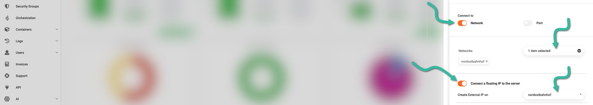 Attach server to a network, and optionally connect a floating IP to server