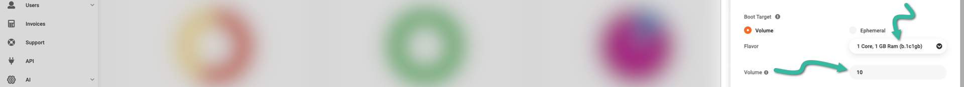 Boot target, volume, and volume size