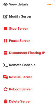A list of server actions, with the line "Rescue Server" highlighted.