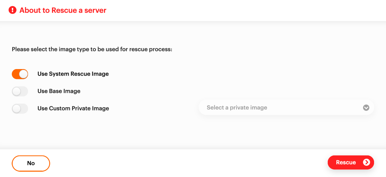 About to rescue a server, showing details with the default option "Use System Rescue Image".