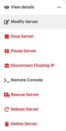 A list of server actions, with the line "Modify Server" highlighted.