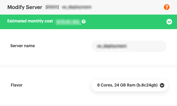 A panel displaying the servers current flavor, 8 Cores and 24 GB RAM with the name of the flavor "b.8c24gb" within parenthesis.