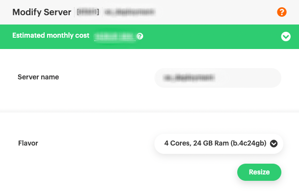A panel displaying the servers new flavor, 4 Cores and 24 GB RAM with the name of the flavor "b.4c24gb" within parenthesis, also a green button below it with the text "Resize".