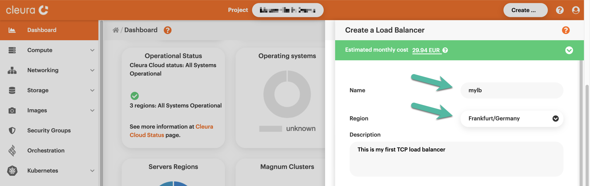 Set name, region, and description for the new LB