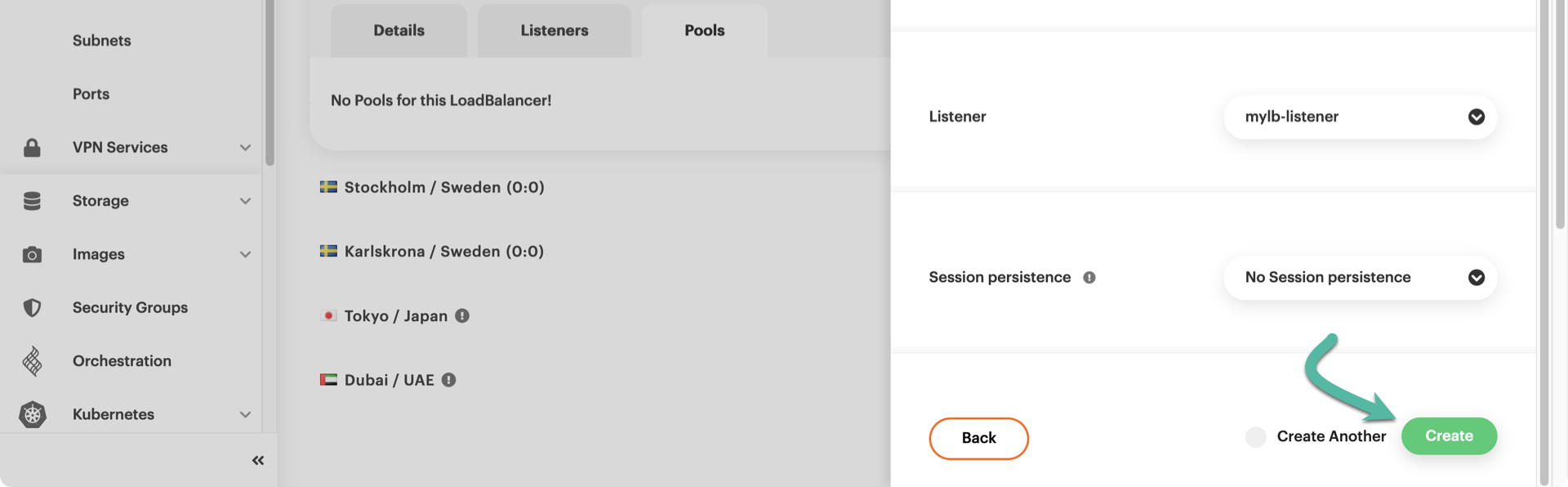 Select listener, create pool